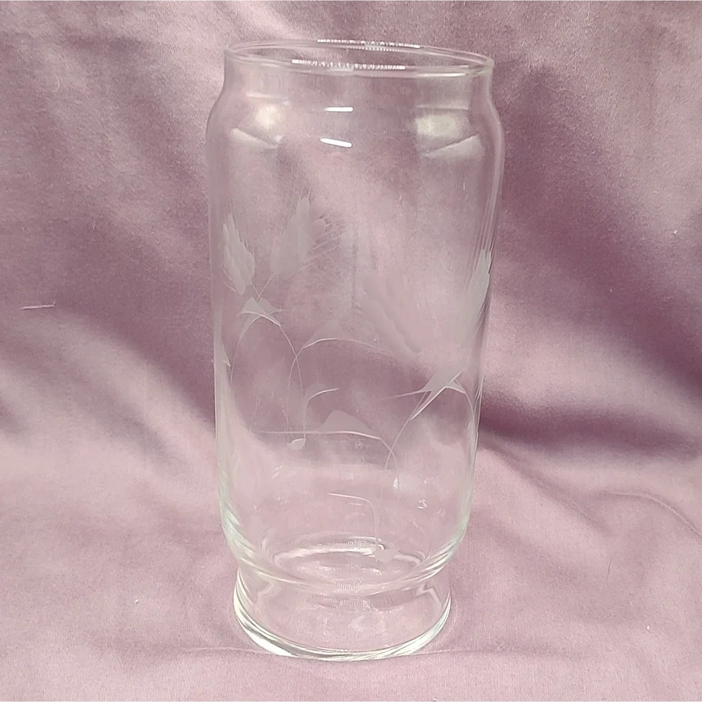 Vintage Clear Glass Vase Etched‎ Wheat Both Sides Cylinder Seven Inches 1970s